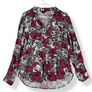 Rock & Republic Top Blouse Womens M Medium Floral Roll Tab Button Down Shirt
